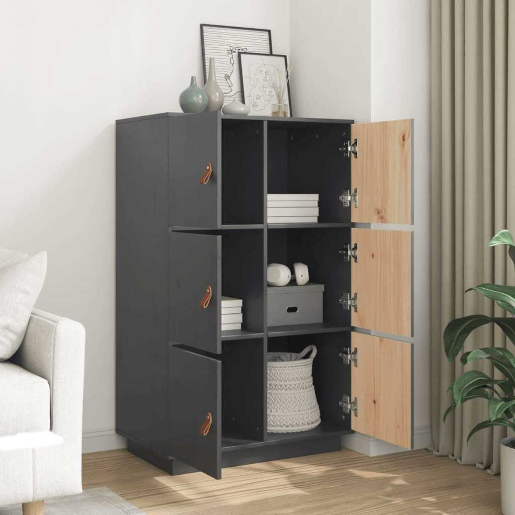 Highboard Grau 67x40x108,5 cm Massivholz Kiefer